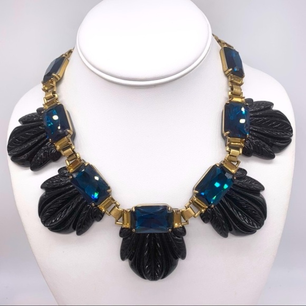 J. Crew Blue Crystal Black Resin Gold Necklace